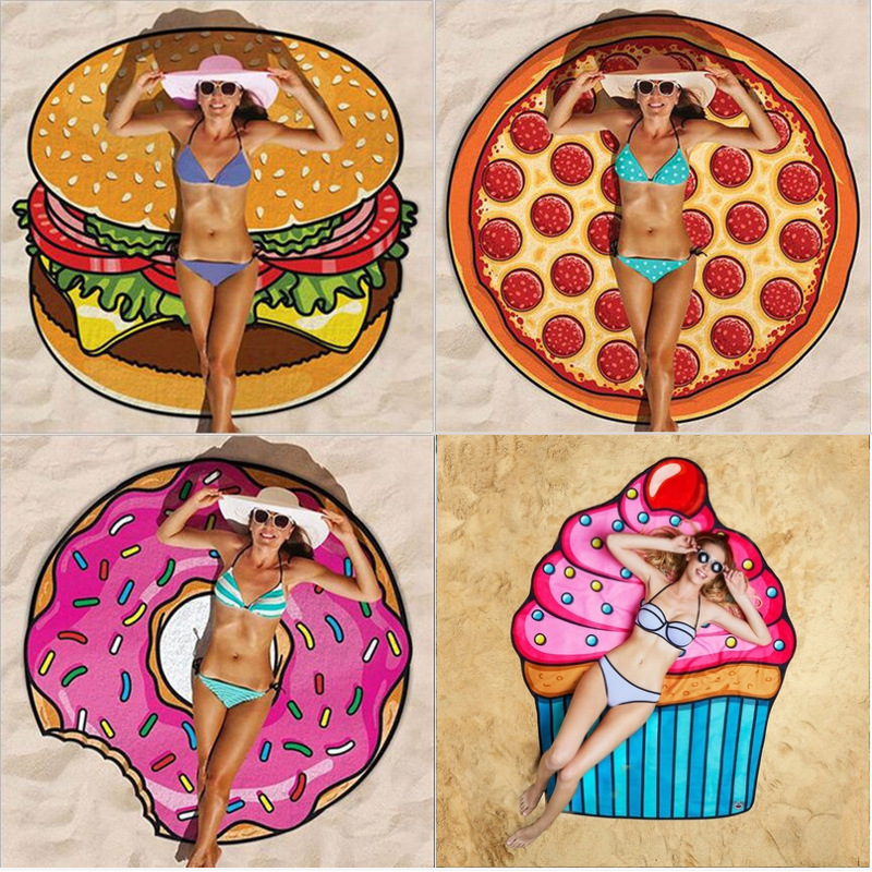 European and American Food Beach Towel/Donut Seaside Round Beach Mat Travel Tide Pizza Hamburger Beach Towel