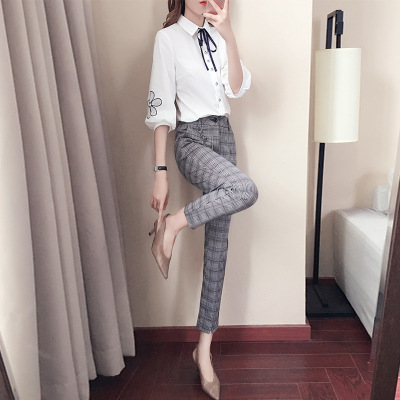 时尚套装女韩版2019春季新款气质通勤衬衫铅笔裤两件套批发T1014