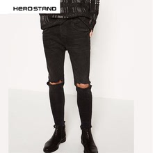 HOSD新品高质量Skinny Fit黑色破洞紧身弹力牛仔裤毛边百搭小脚裤