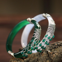 荟宝丽S925银孔雀手镯女镶嵌马克赛石玉髓玛瑙开口镯子手环批发