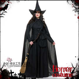 2018万圣节服装 黑色女巫婆恐怖cos服 扫把恶魔女巫衣服吸血鬼