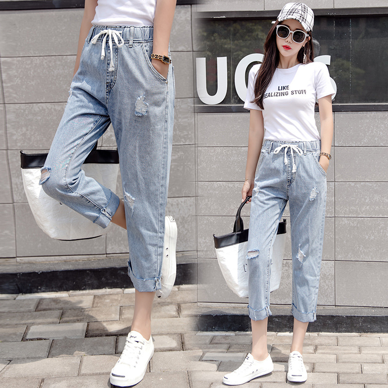 牛仔裤女装2018春秋破洞松紧腰大码时尚九分牛仔裤女