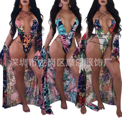Q081 Amazon explosion models Europe and America Sexy Women 2018 fashion printing Piece swimsuit Two piece set