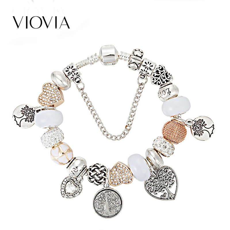 Life Tree Charm Beaded Bracelet With Gold Heart Shaped Pendant_voghion.com