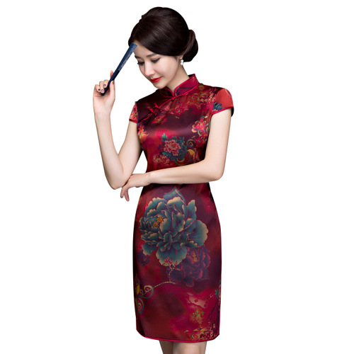 Chinese Dresses Qipao silk Qipao temperament mother dress mulberry silk short sleeve slim retro flag