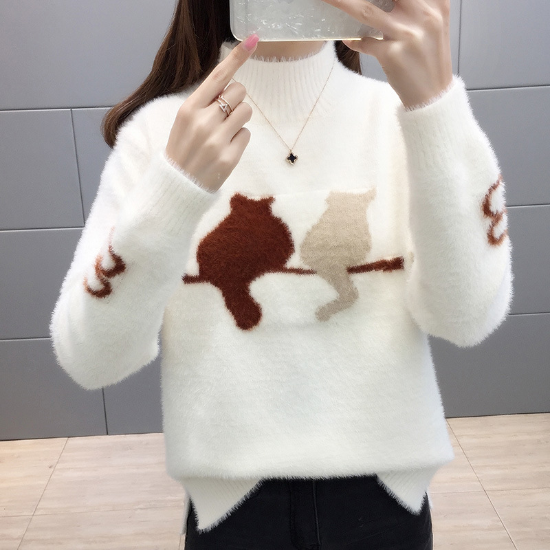 秋冬甜美卡通猫针织衫韩版宽松打底水貂毛半高领套头毛衣女针织厚