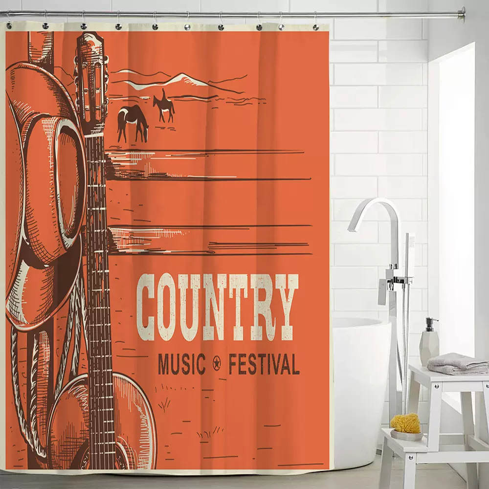 2018新款定制跨境水彩音符字母印花涤纶印花防水防霉浴帘浴帐厂家