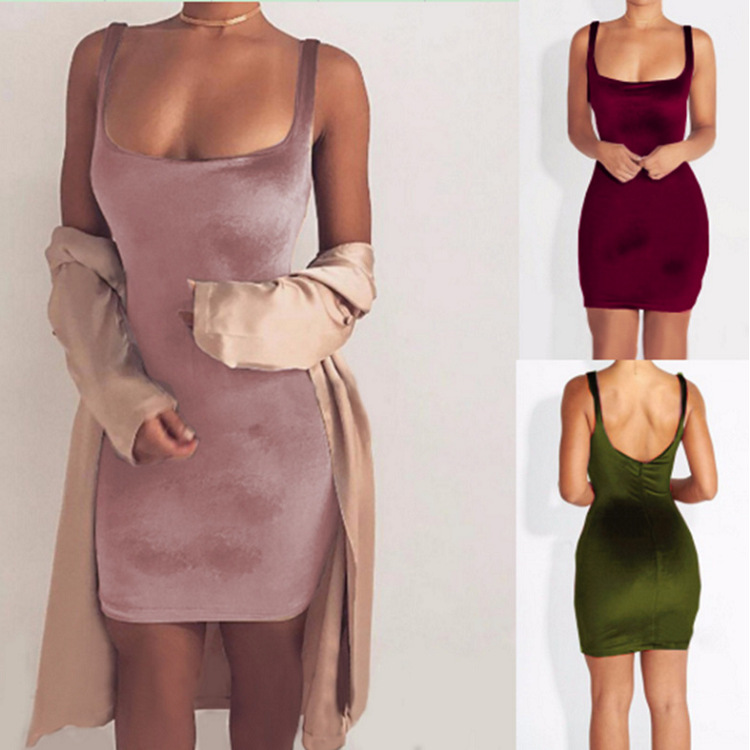 wish速卖通亚马逊热卖春夏吊带包臀裙欧美性感露背金丝绒连衣裙女