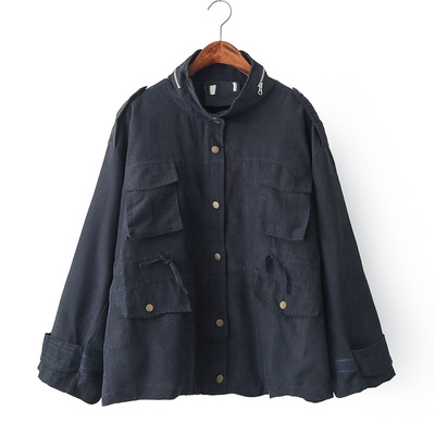 多口袋立領抽繩拉鏈長袖風衣大碼外套女裝2018新款百搭0.62 E423