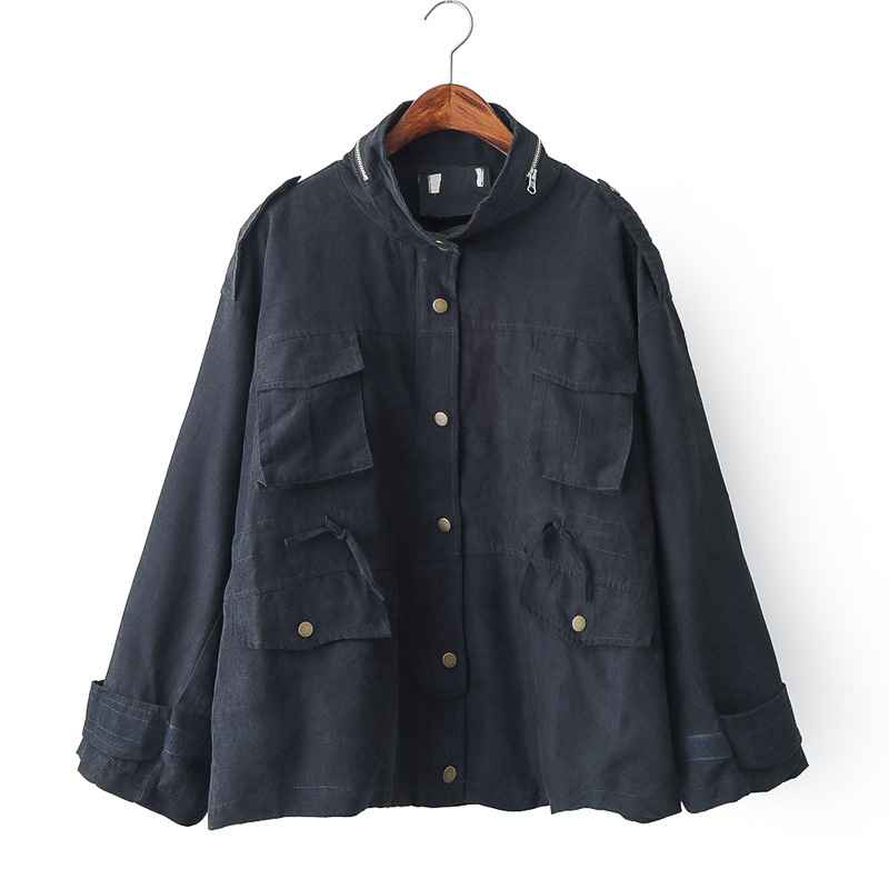 多口袋立領抽繩拉鏈長袖風衣大碼外套女裝2018新款百搭0.62 E423