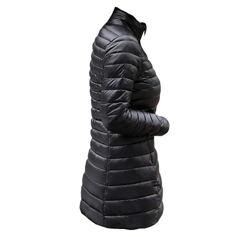 Chaqueta larga ligera de plumón para mujer — estilo coreano ajustado, cálida y elegante para invierno