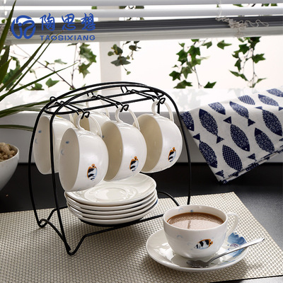 陶思想卡通海洋咖啡具套装陶瓷咖啡杯碟套装1壶6杯碟带铁架|ms