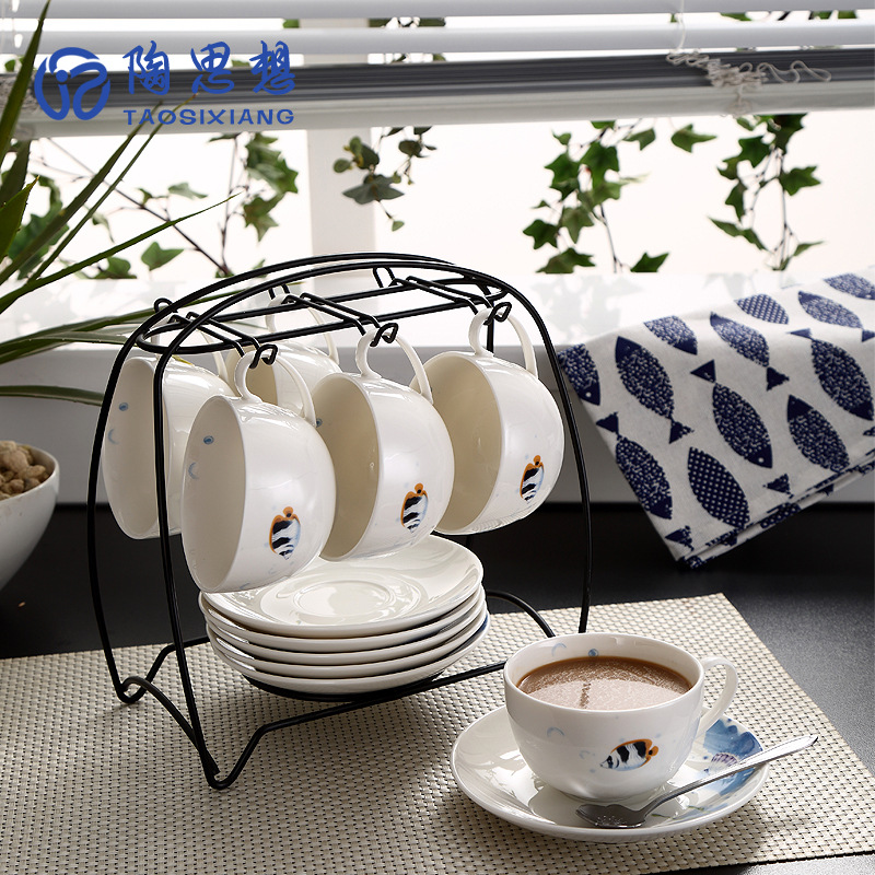 陶思想卡通海洋咖啡具套装陶瓷咖啡杯碟套装1壶6杯碟带铁架|ms