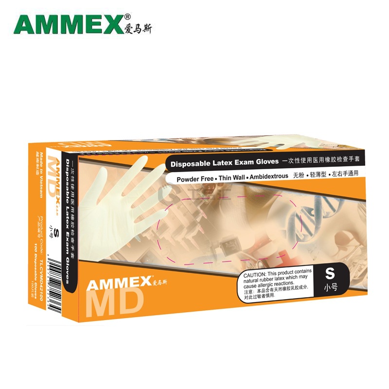 爱马斯(AMMEX) 一次性医用橡胶检查手套,无粉,小号；TLFCVMD4210