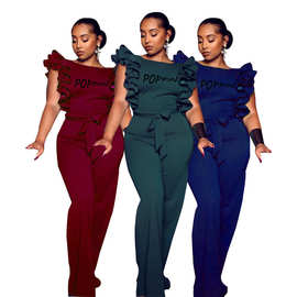 跨境热卖货源速卖通 亚马逊wish爆款字母荷叶边阔腿连体裤女装