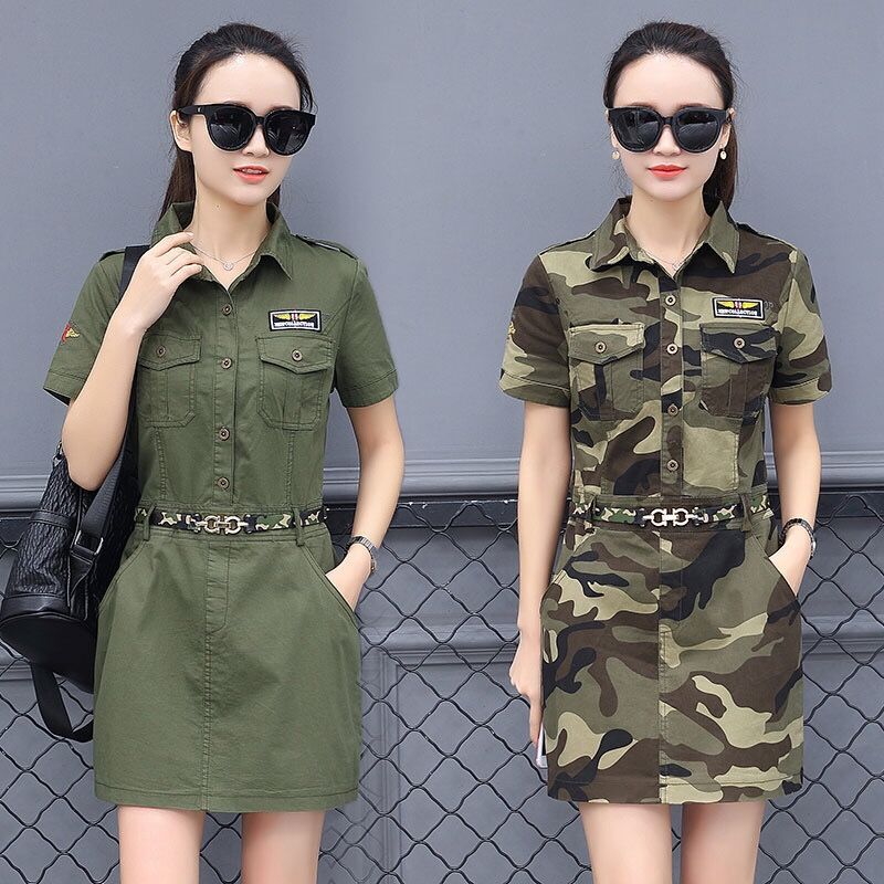 2020新款女演出服连衣裙迷彩修身显瘦夏季连衣裙中长款翻领A字裙