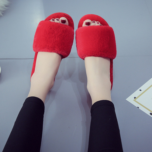 Cotton slippers for women in autumn and winter, open-toed plush slippers, home indoor floor slippers, comfortable soft-soled confinement furry shoes