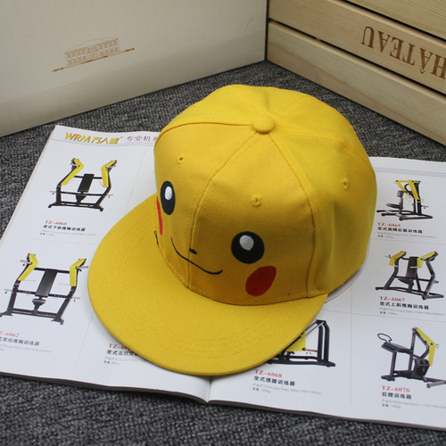 Spring and Summer Flat Brim Hip-Hop Hat for Children, Cartoon Pikachu Flat Brim Hat, Parent-Child Style Fashion Street Dance Trendy Hat, Wholesale