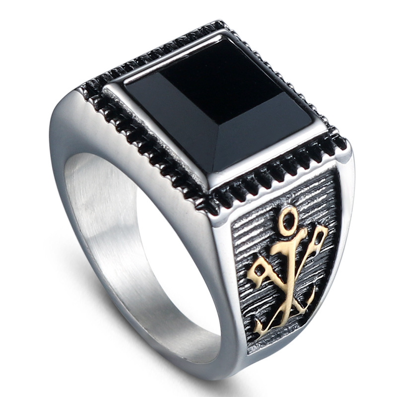 black fashionable retro ring with stone with zircon stainless steel