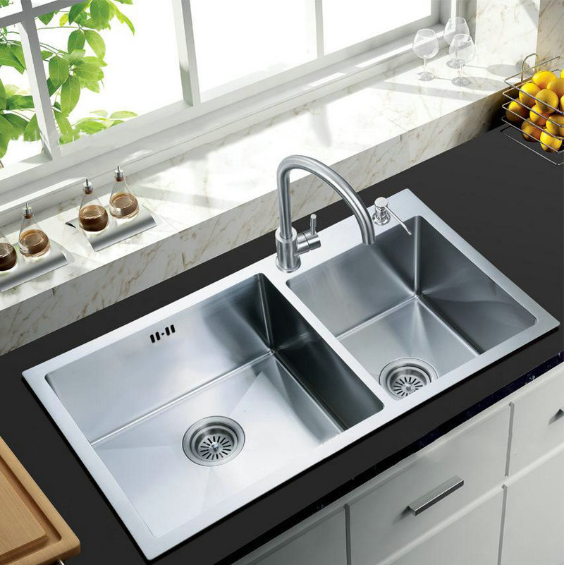 Factory wholesale 304 Stainless steel sink kitchen Vegetables Wash basin Double groove manual wire drawing water tank Customizable