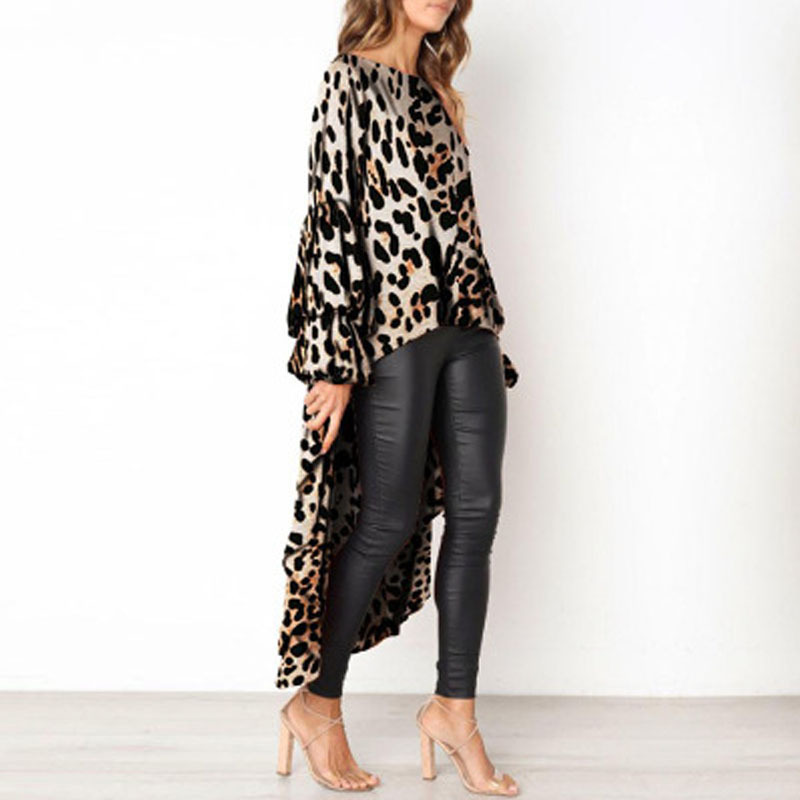 leopard print long-sleeved irregular lantern sleeve top nihaostyles clothing wholesale NSLBS81489