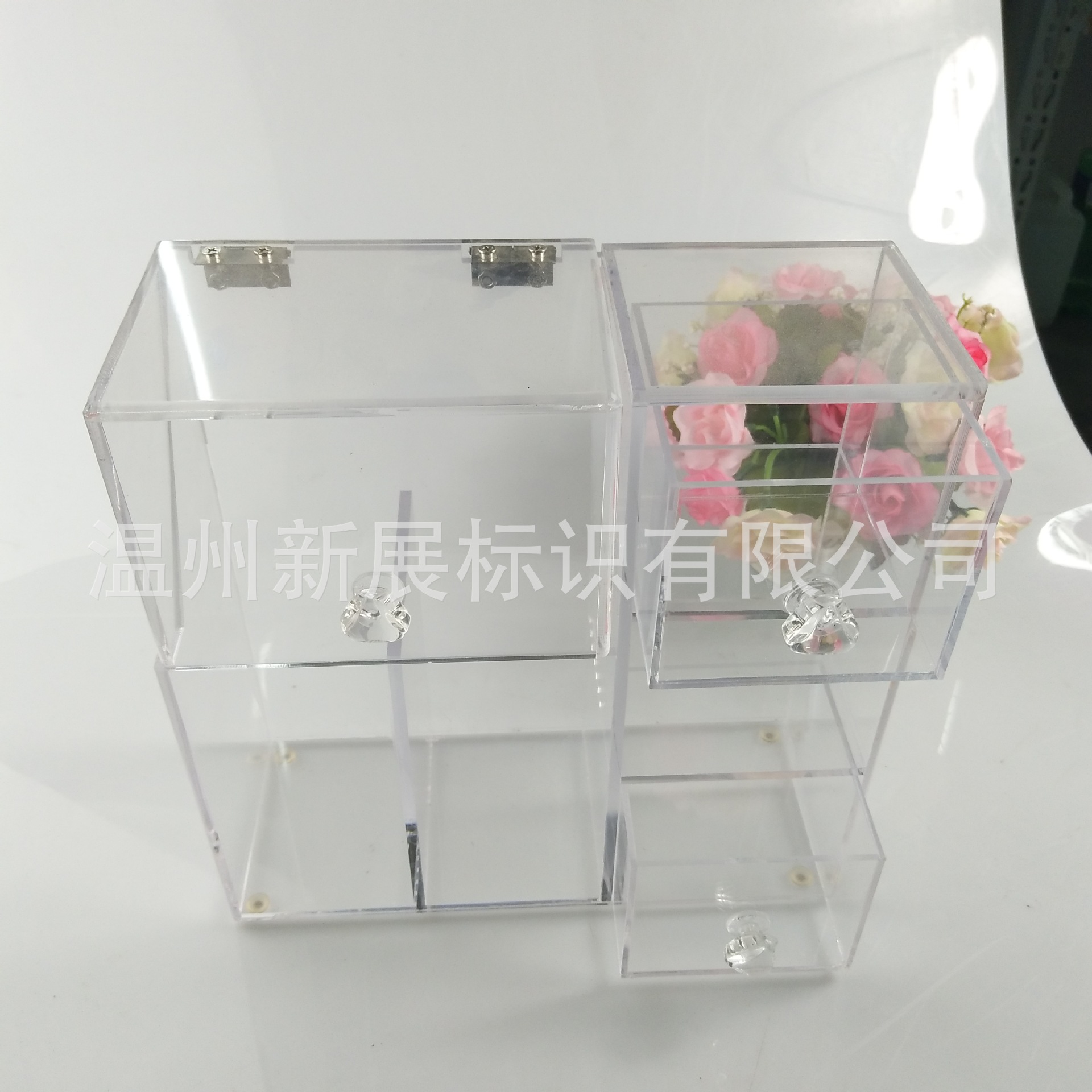 亚克力高层装饰收纳盒抽拉式抽屉不锈钢合页定制饰品装饰展示盒