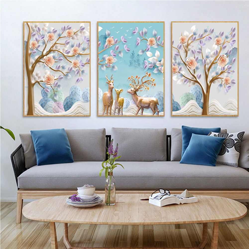 北欧风格背景墙壁画发财鹿客厅挂画现代简约三联相框酒店装饰画-阿里巴巴