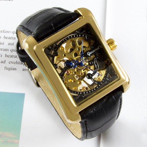 Ancient Camel Square Watch Transparent Hollow Mechanical Men's Watch Manual Mechanical Fashion Business Belt Watch