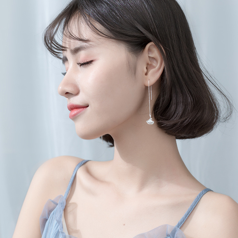 S925 línea de hongo blanco femenino estilo japonés hilo de oreja de ginkgo hoja de albaricoque cadena de oreja larga hoja de viento de bosque joyería de oreja G0241 image 4
