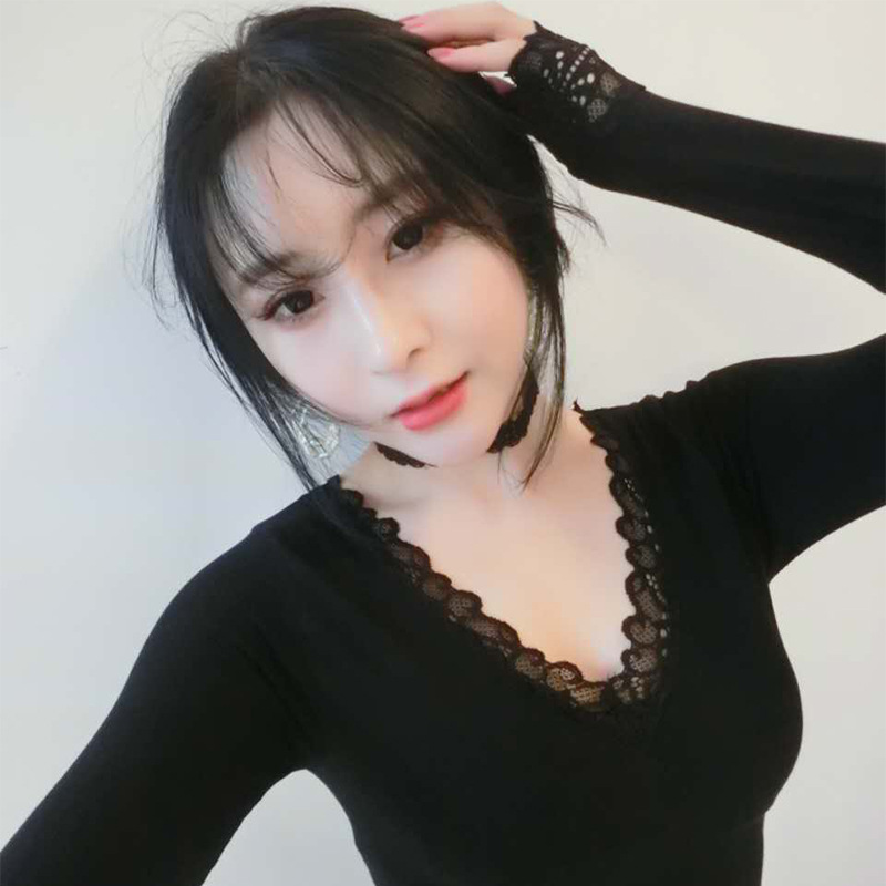 秋冬磨毛中厚V领蕾丝美体无缝保暖内衣女上衣显瘦贴身加厚加绒