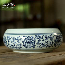 亦紫陶功夫茶具陶瓷茶洗批发  仿古青花瓷手工画线书法杯洗