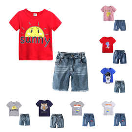 儿童夏款童装 男童T恤牛仔短裤套装 宝宝圆领短袖上衣两件套