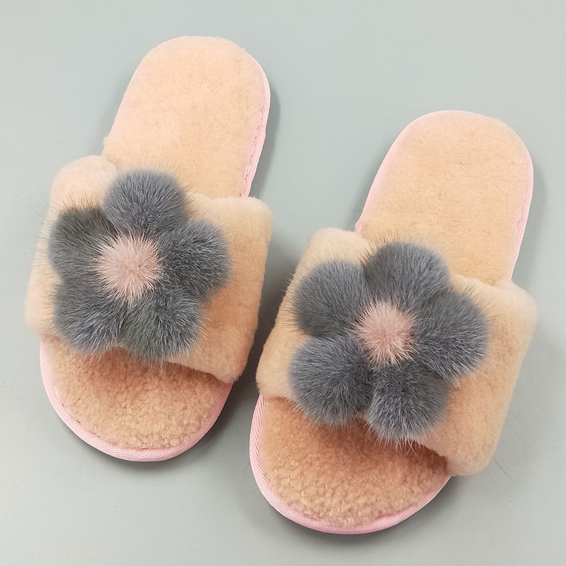 新款秋冬女羊剪绒皮毛一体家居棉鞋防滑加厚保暖软底水貂花朵拖鞋|ru