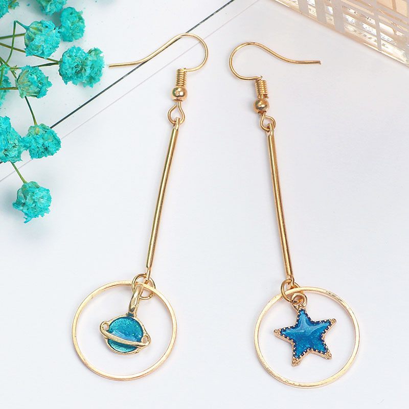 Lady Heart Asymmetric Blue Starry Sky Moon Universe Planet Earrings display picture 3