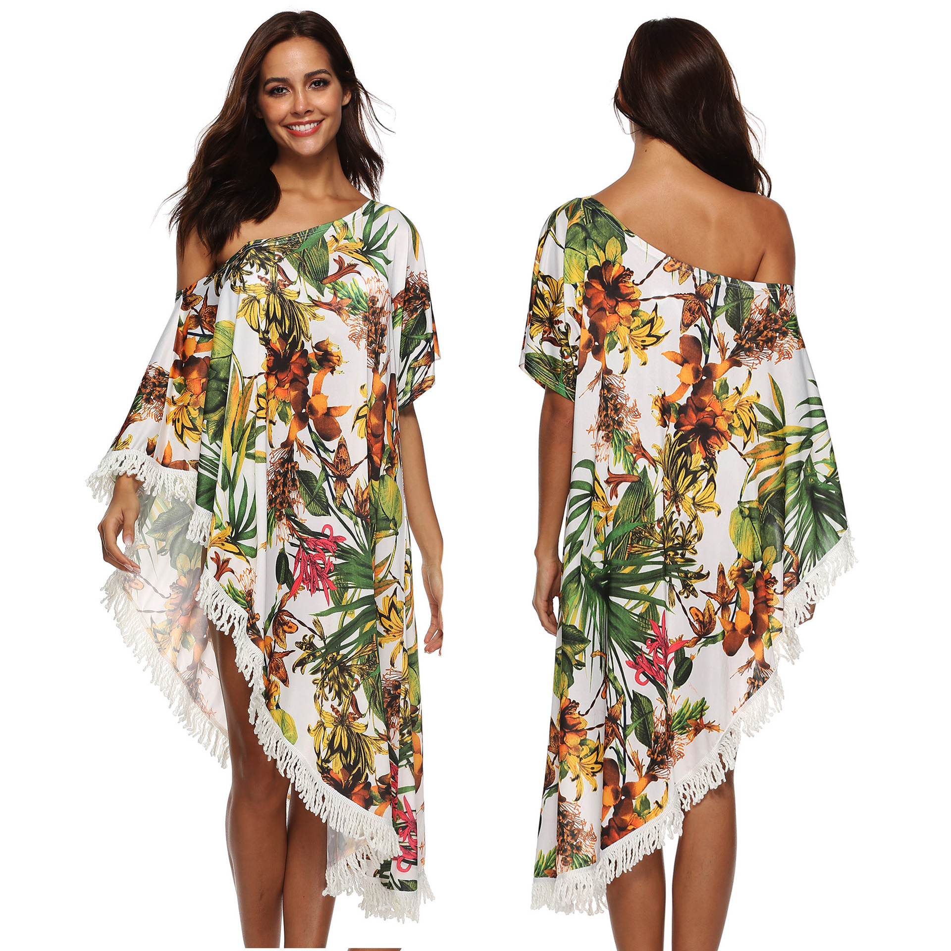 Floral Print Off Shoulder Maxi Dress Tassel Detail Irregular Hem Sun Protection Summer Casual Wear Wholesale