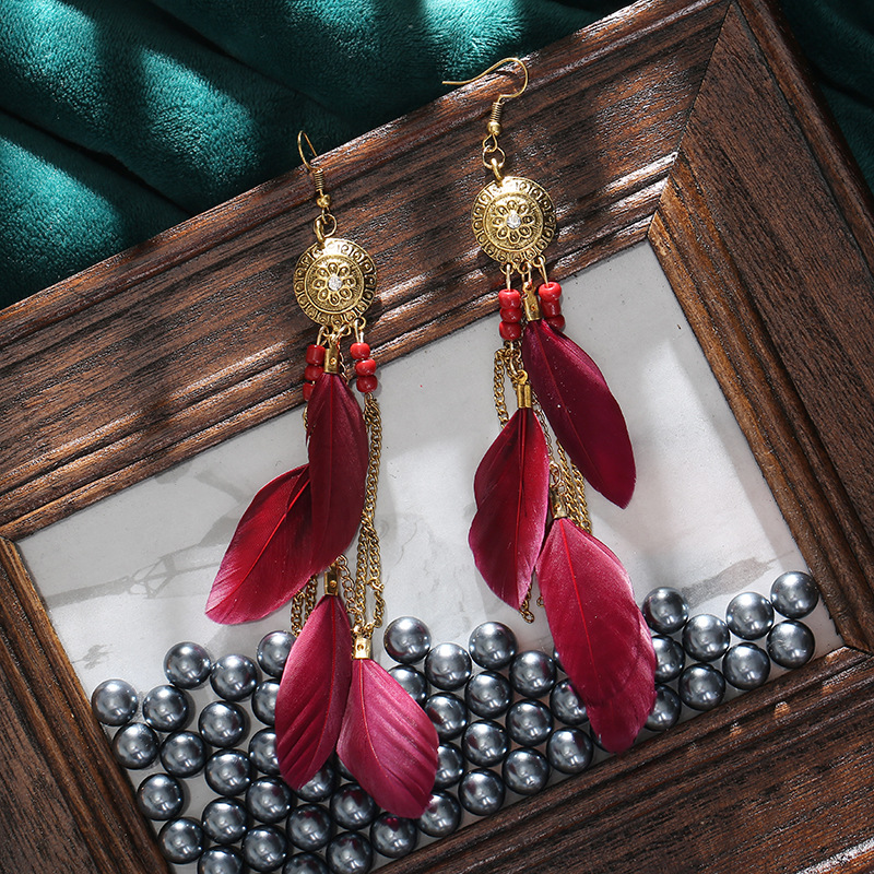 Retro Chain Tassel Bohemian Feathers Creative Long Earrings Wholesale display picture 1