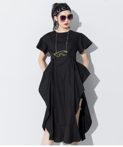 R-2075# 2022夏季新款 圆领立体短袖束腰带拼接不规则花边连衣裙女潮469