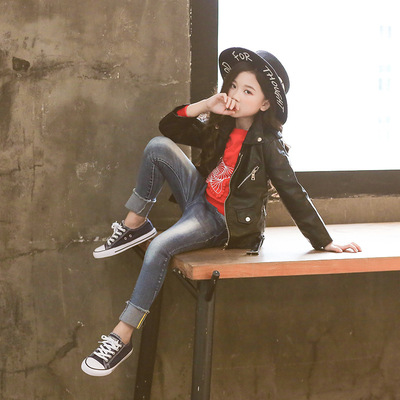 2018秋季新款外套男女童皮夹克潮范卡通儿童纯色皮衣|ru