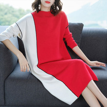 同恩2021冬季新款红色针织大码连衣裙宽松显瘦中长款长袖毛衣裙子