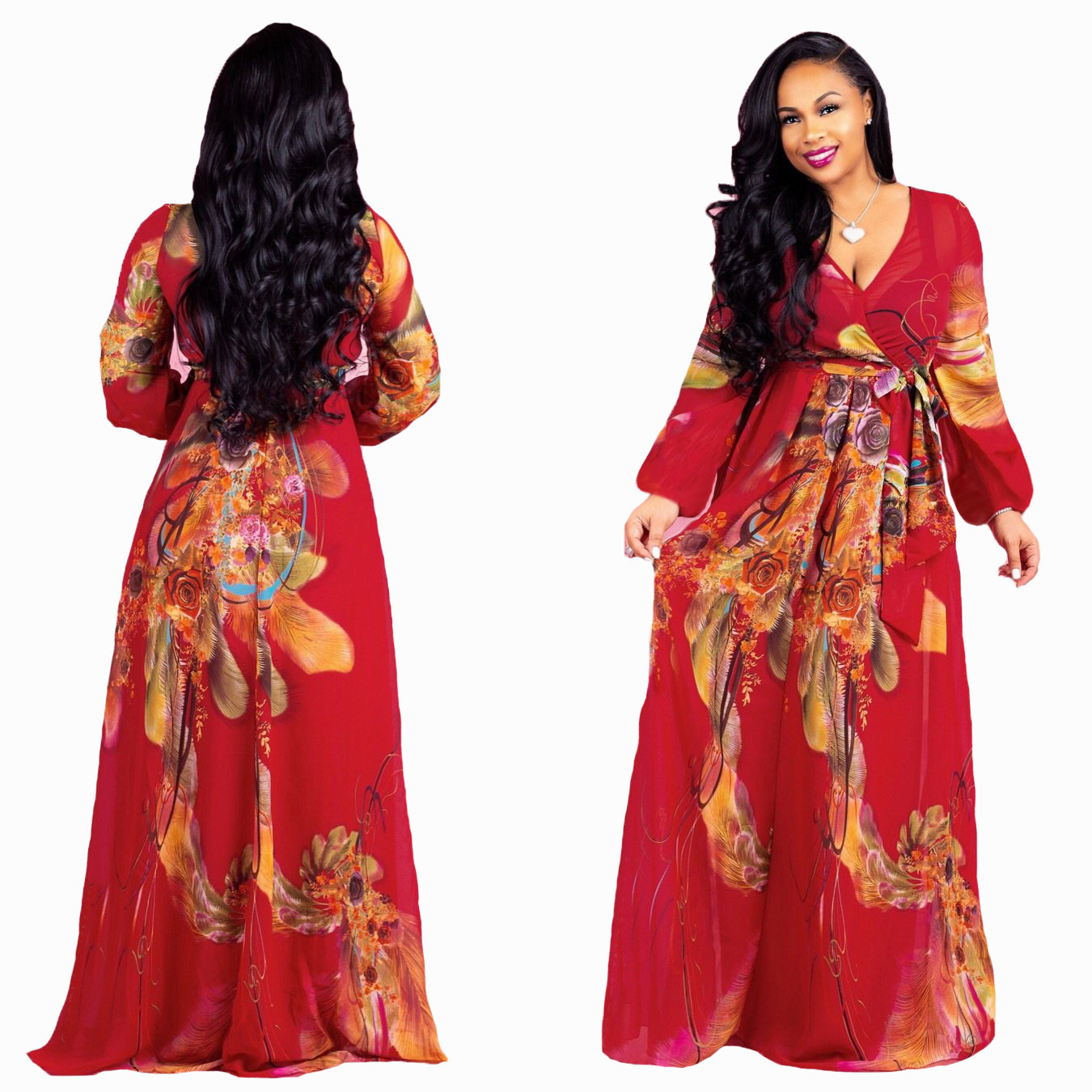 plus size long-sleeved v-neck digital print big swing chiffon dress nihaostyles wholesale clothing NSBMF91105