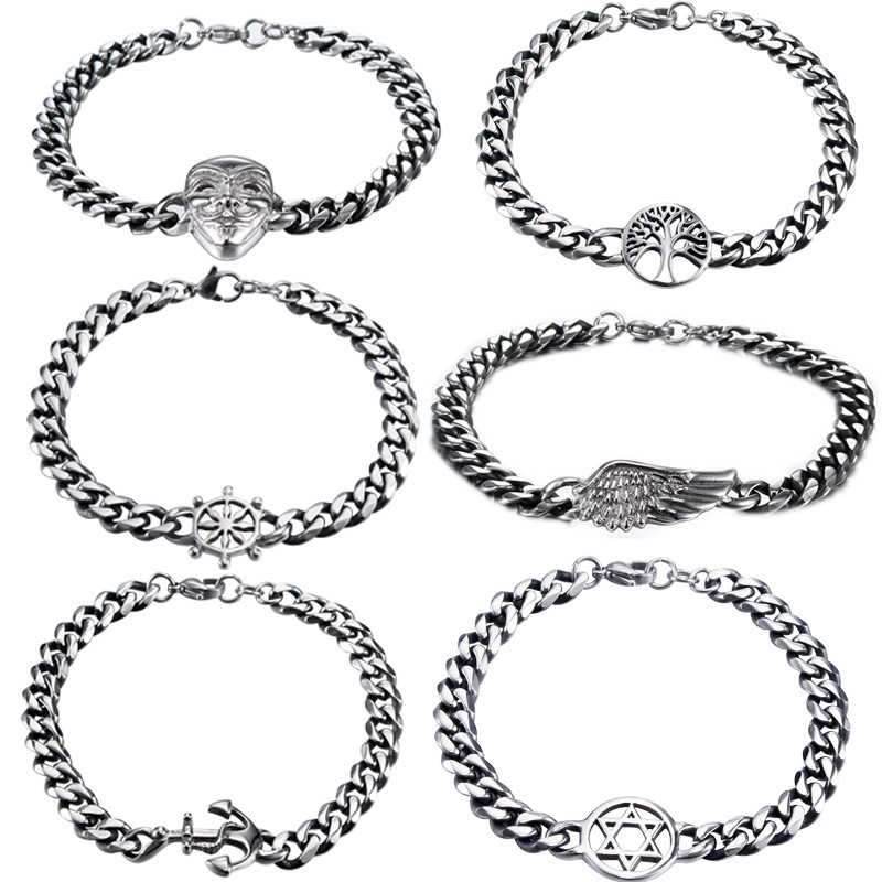Ship Anchor Titanium Steel Bracelet Vintage Men and Women Tree of Life Bracelet Punk Lion Animal Stainless Steel Bracelet Wholesale