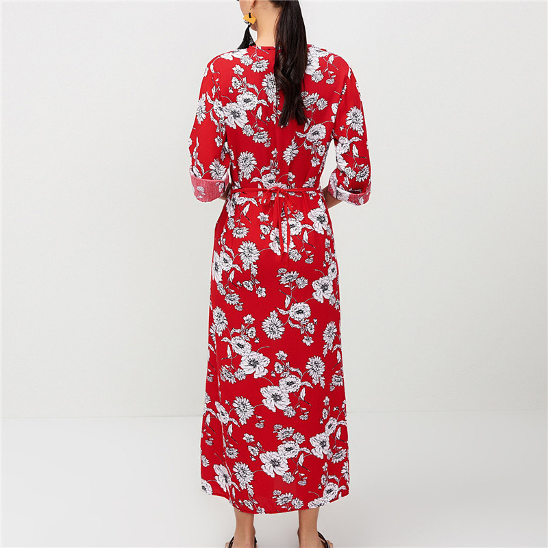 Printed Single Row Button Long Sleeve V-neck Dress  NSGE35078