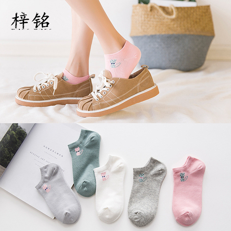 厂家直销批发袜子女式四季款吸汗防臭短袜小猫头隐形袜纯棉卡通袜
