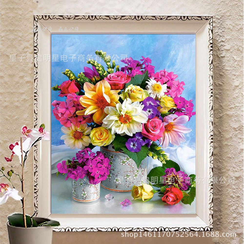 厂家直销外贸批发新款家居卧室客厅装饰优雅色彩缤纷花朵钻石画