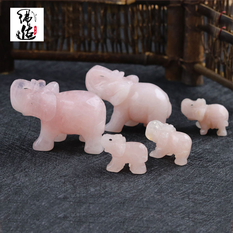 天然粉晶玉石大象动物半宝石小象雕刻件外贸工艺品摆件厂家直销
