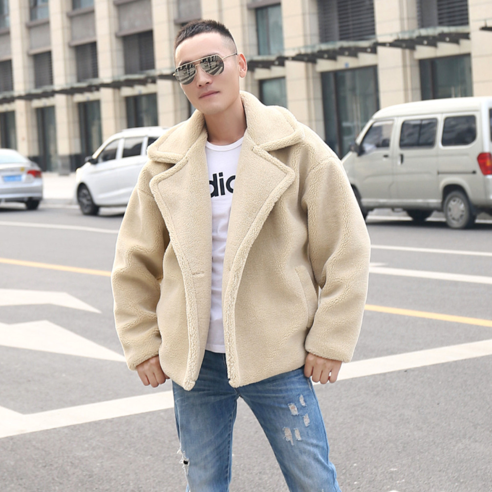 仿皮草外套男冬季新款韩版宽松潮流帅气羊羔毛短款西装领加厚夹克|ms