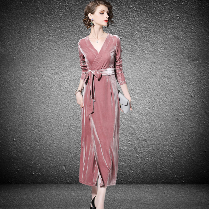 2019新款女装欧美修身金丝绒连衣裙优雅V领长裙亚马逊wish