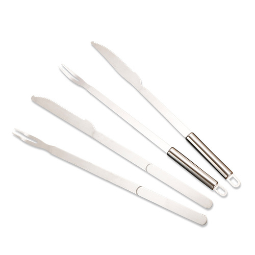 Stainless steel barbecue knife and fork set flat handle round handle extended handle barbecue fork roast lamb leg knife and fork western food knife and fork wholesale