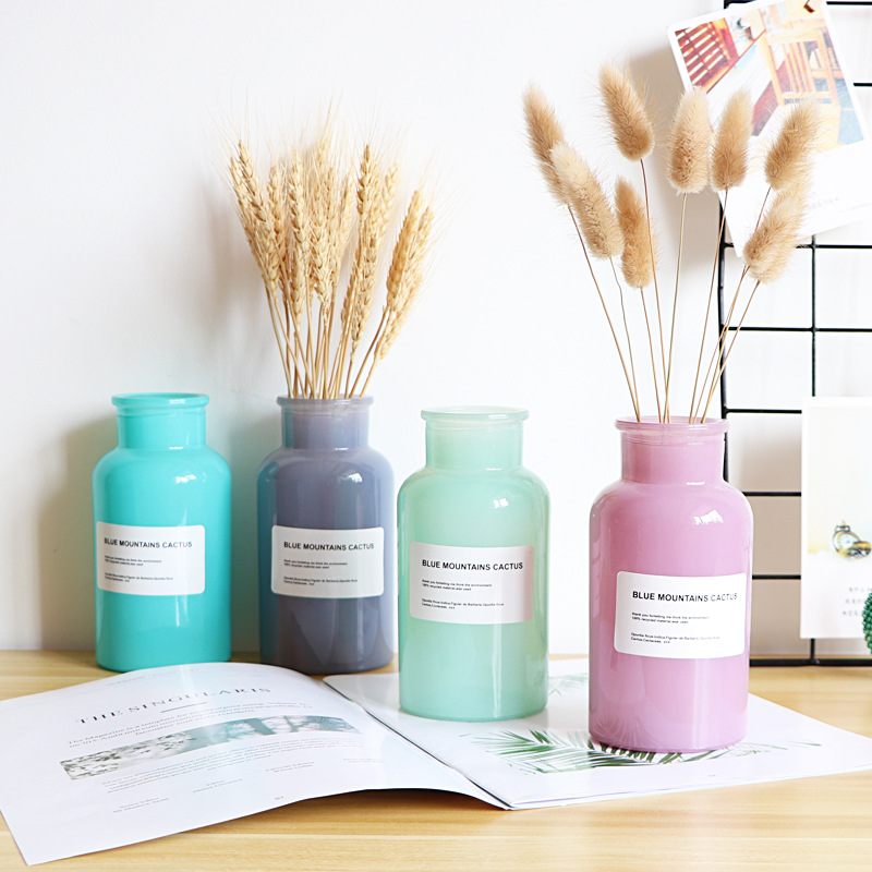 包郵北歐玻璃花瓶彩色玻璃水培鮮花幹花插花器家居裝飾擺件小清新