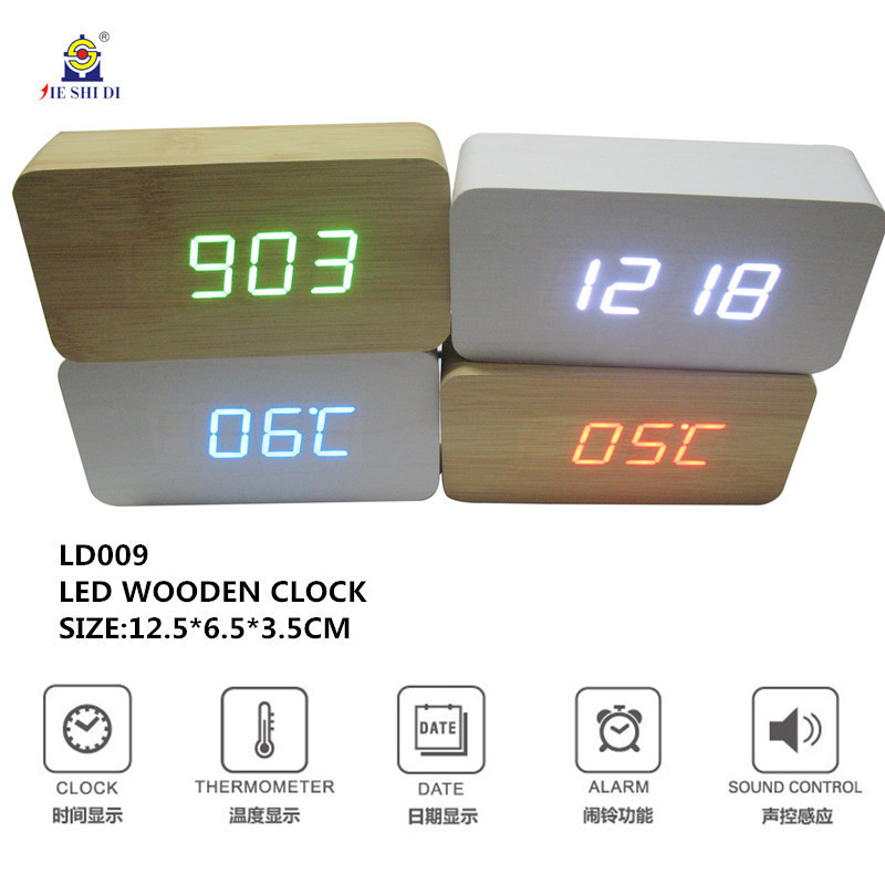 Plug-in wooden clock led wooden clock with 5 sets of alarm clock with temperature with time with date with voice control with power supply